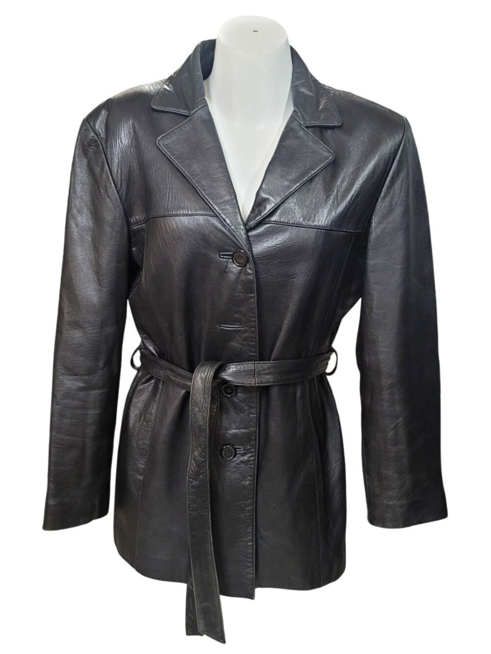 Hillard & Hanson Womens Lambskin Leather Jacket Trench Coat Black Button Front B